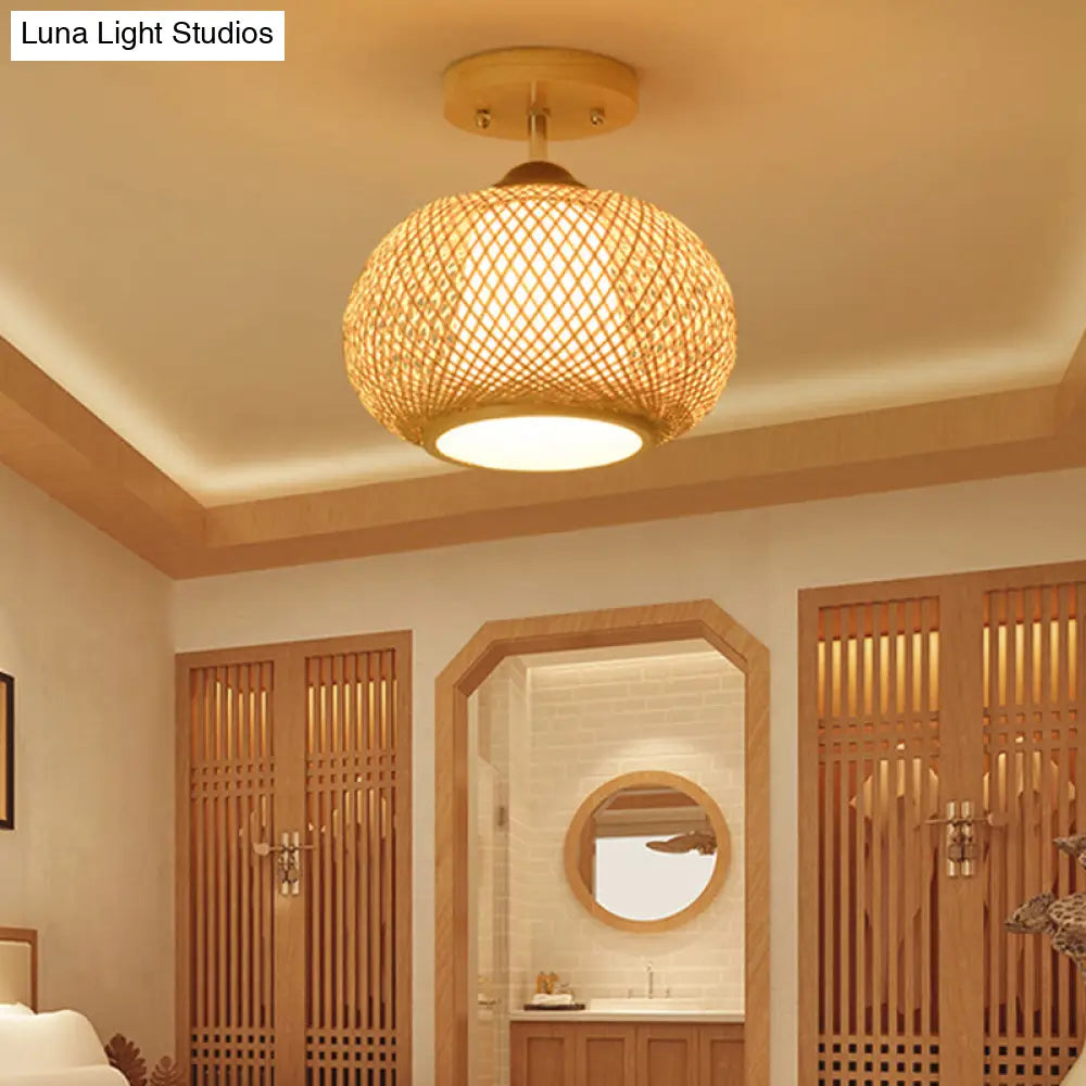 DecorBites™ DecorBites™ Bamboo Pumpkin Semi-Flush Mount 1-Light Flaxen Ceiling Fixture - 14"/16" Wide