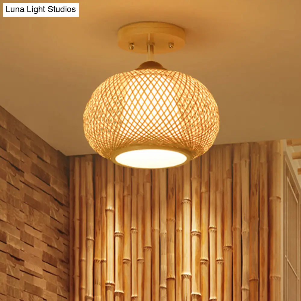 DecorBites™ DecorBites™ Bamboo Pumpkin Semi-Flush Mount 1-Light Flaxen Ceiling Fixture - 14"/16" Wide