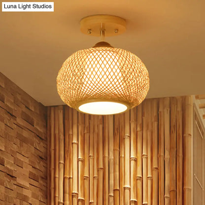 DecorBites™ DecorBites™ Bamboo Pumpkin Semi-Flush Mount 1-Light Flaxen Ceiling Fixture - 14"/16" Wide
