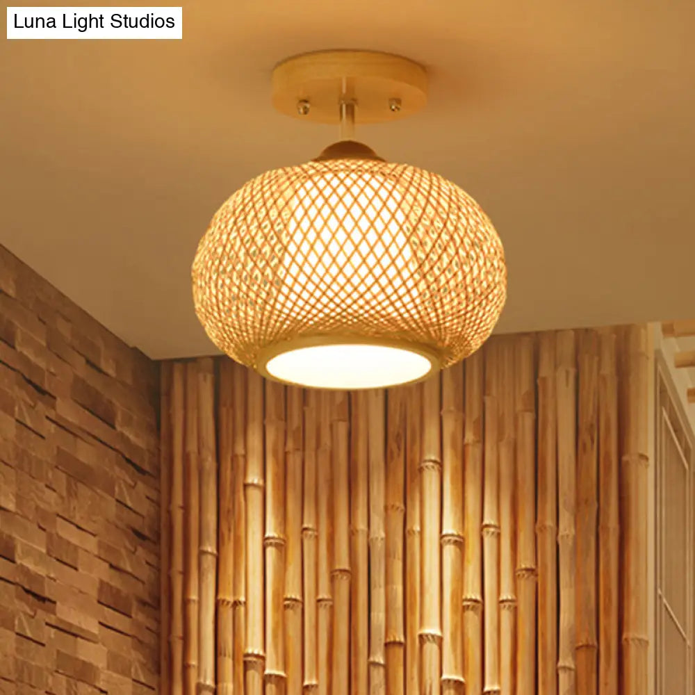 DecorBites™ DecorBites™ Bamboo Pumpkin Semi-Flush Mount 1-Light Flaxen Ceiling Fixture - 14"/16" Wide