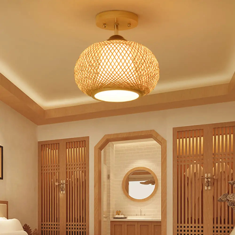 DecorBites™ DecorBites™ Bamboo Pumpkin Semi-Flush Mount 1-Light Flaxen Ceiling Fixture - 14"/16" Wide