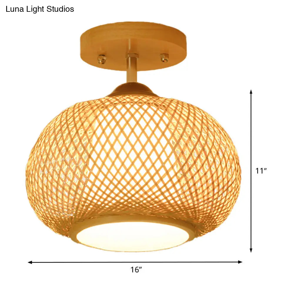 DecorBites™ DecorBites™ Bamboo Pumpkin Semi-Flush Mount 1-Light Flaxen Ceiling Fixture - 14"/16" Wide