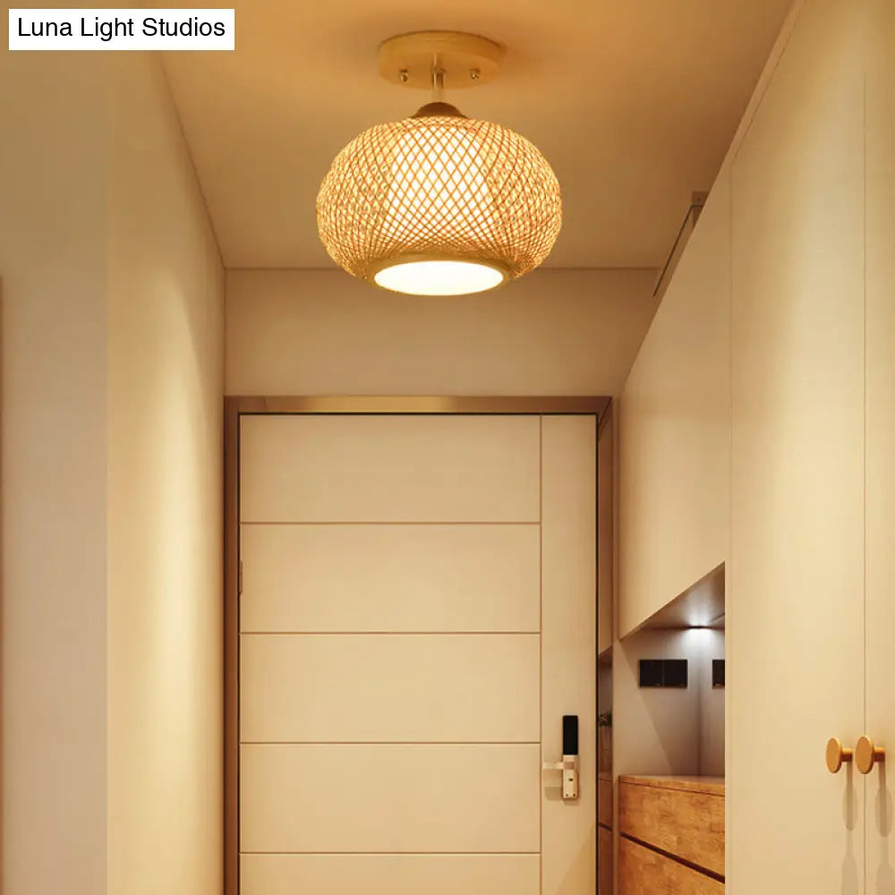 DecorBites™ DecorBites™ Bamboo Pumpkin Semi-Flush Mount 1-Light Flaxen Ceiling Fixture - 14"/16" Wide