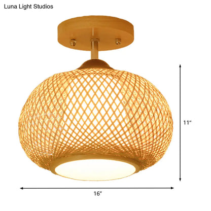 DecorBites™ DecorBites™ Bamboo Pumpkin Semi-Flush Mount 1-Light Flaxen Ceiling Fixture - 14"/16" Wide