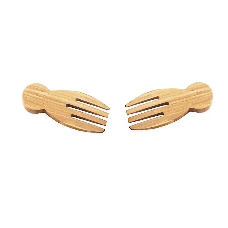 Pair of light brown bamboo salad hands with smooth natural wood grain and rounded handles from decorbites spoon set