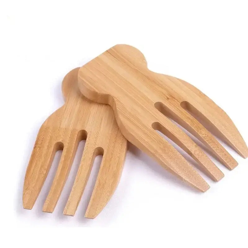 Light brown decorbites bamboo salad hands and spoon set with four tines and smooth natural wood grain finish