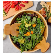 Wooden salad bowl with matching fish shaped bamboo salad hands and spoon set by decorbites for dining use