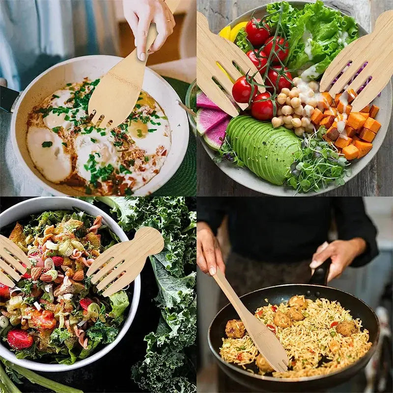 Light-colored bamboo salad hands and spoon set with fish-shaped cut-outs for easy handling by decorbites