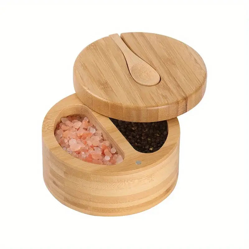 Light-colored decorbites bamboo seasoning box with salt and pepper cellar and integrated spoon in matching lid