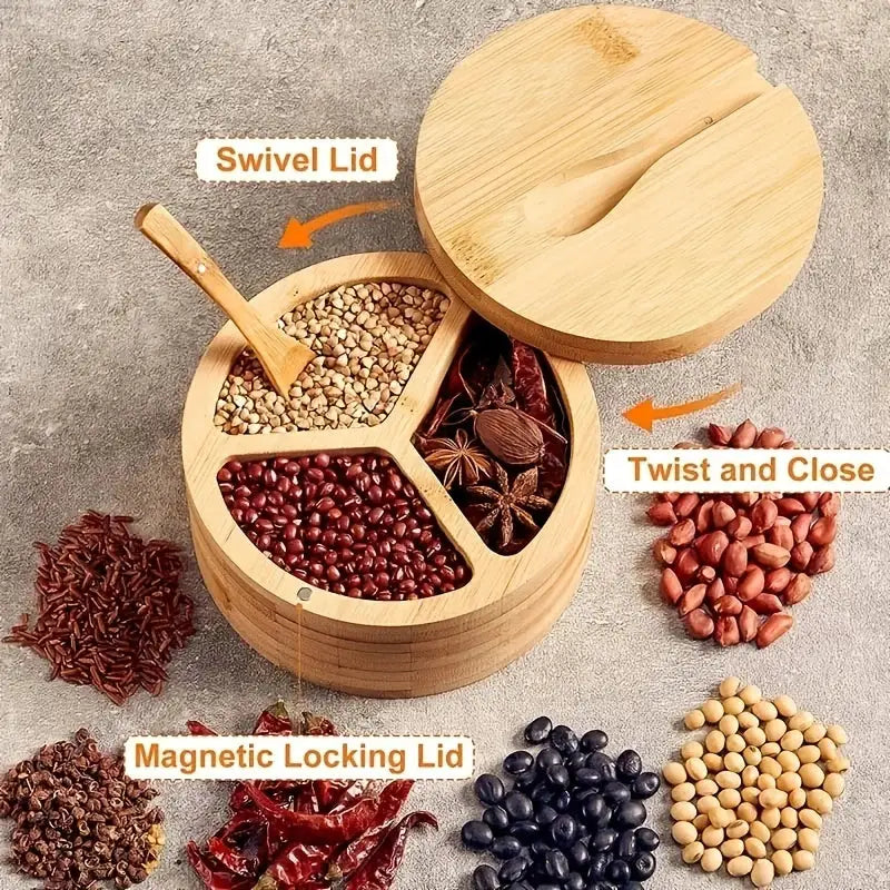 Wooden bamboo seasoning box with three compartments swivel lid and magnetic locking decorbites bamboo seasoning