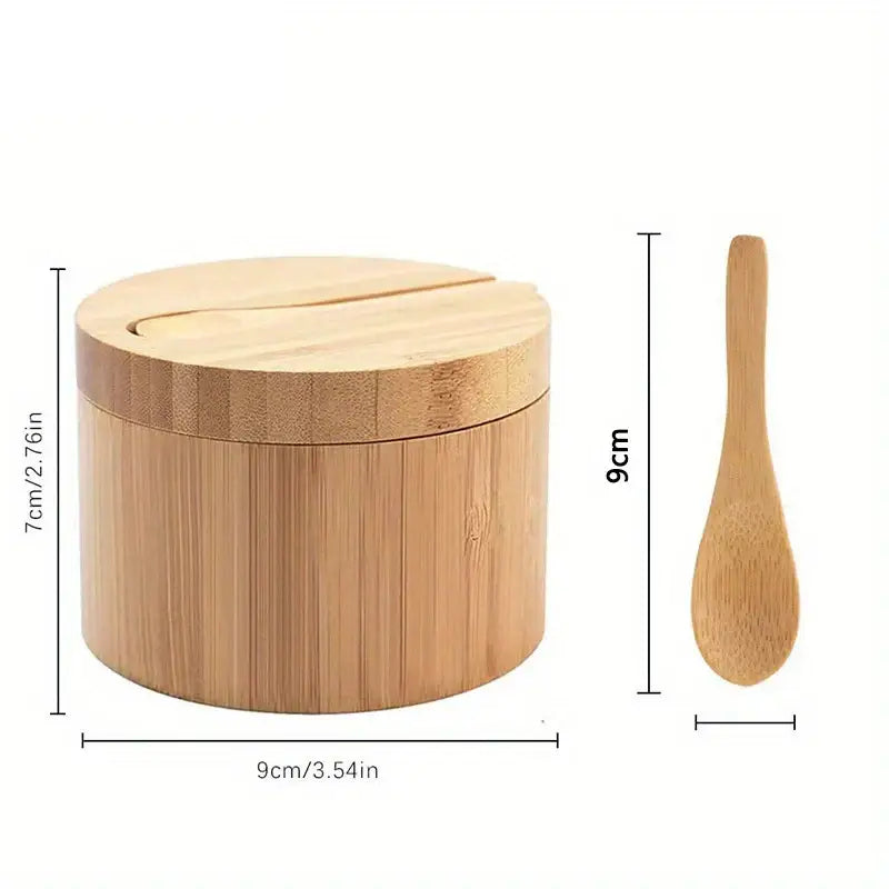 Bamboo seasoning box with sliding compartment and slender wooden spoon made by decorbites for salt and pepper storage