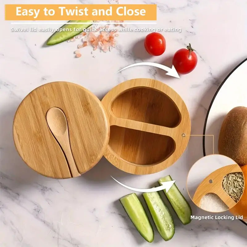 Bamboo seasoning box with swivel lid and integrated wooden spoon from decorbites bamboo seasoning collection