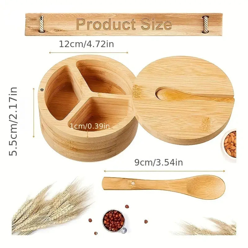 Light brown bamboo seasoning box with three compartments and integrated spoon for kitchen salt and pepper cellar decorbites