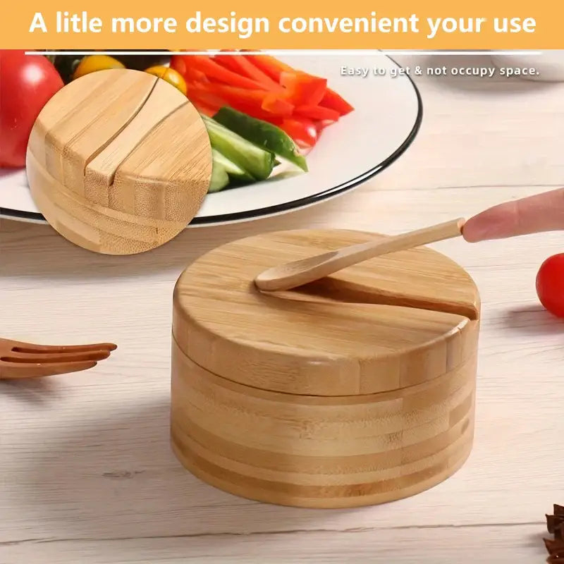 A round light brown decorbites bamboo seasoning box with matching lid and integrated wooden spoon for kitchen use