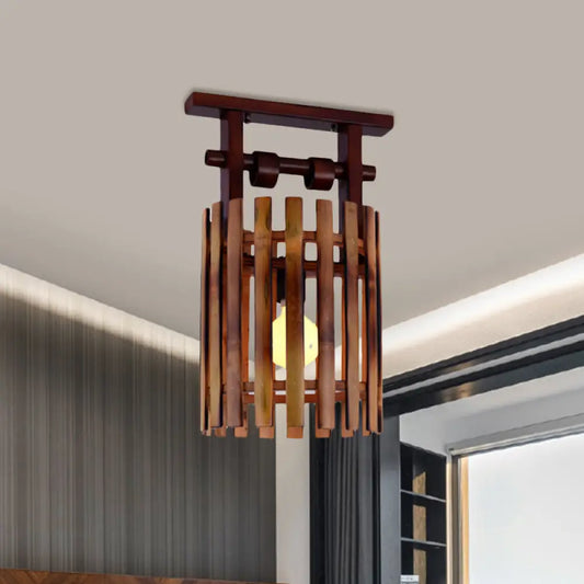 DecorBites™ DecorBites™ Bamboo Semi-Flush Mount Ceiling Lamp: Oval/Cylinder Cage, Country Style, Brown with Wood Canopy