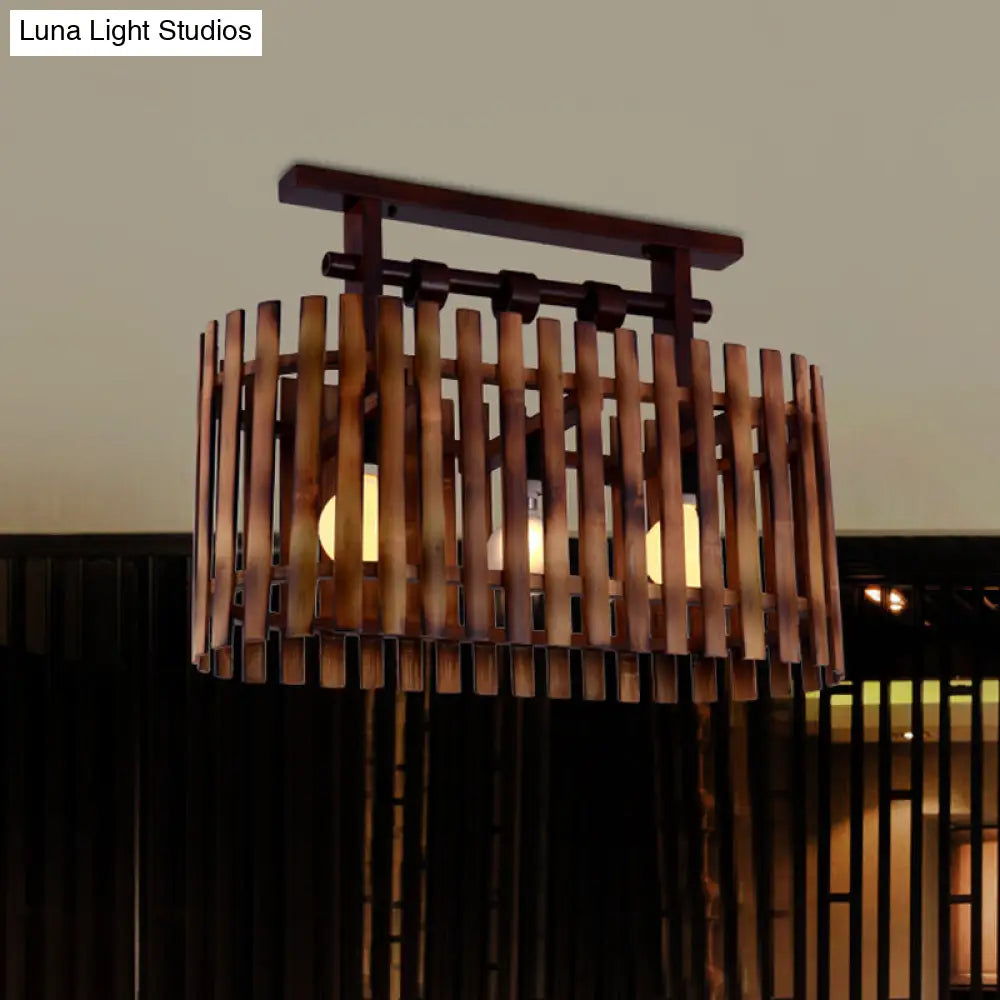 DecorBites™ DecorBites™ Bamboo Semi-Flush Mount Ceiling Lamp: Oval/Cylinder Cage, Country Style, Brown with Wood Canopy