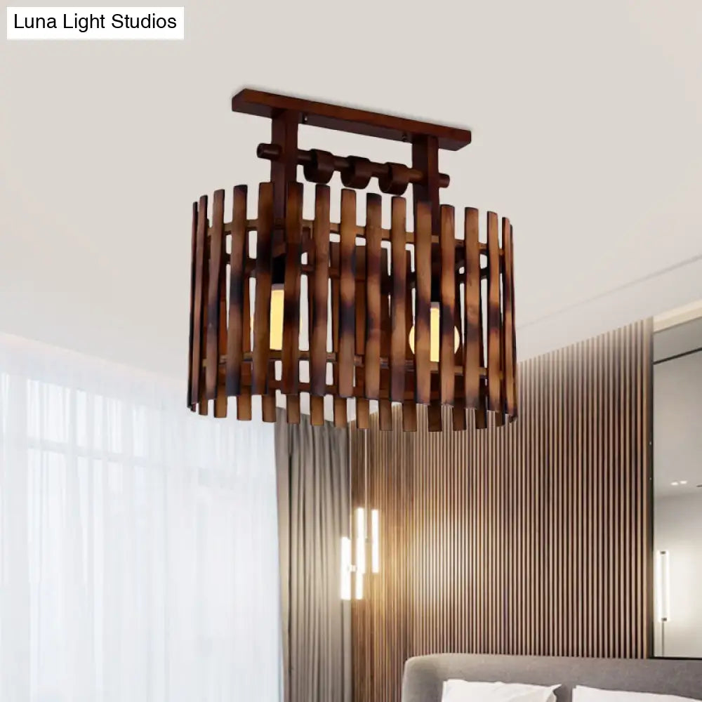 DecorBites™ DecorBites™ Bamboo Semi-Flush Mount Ceiling Lamp: Oval/Cylinder Cage, Country Style, Brown with Wood Canopy