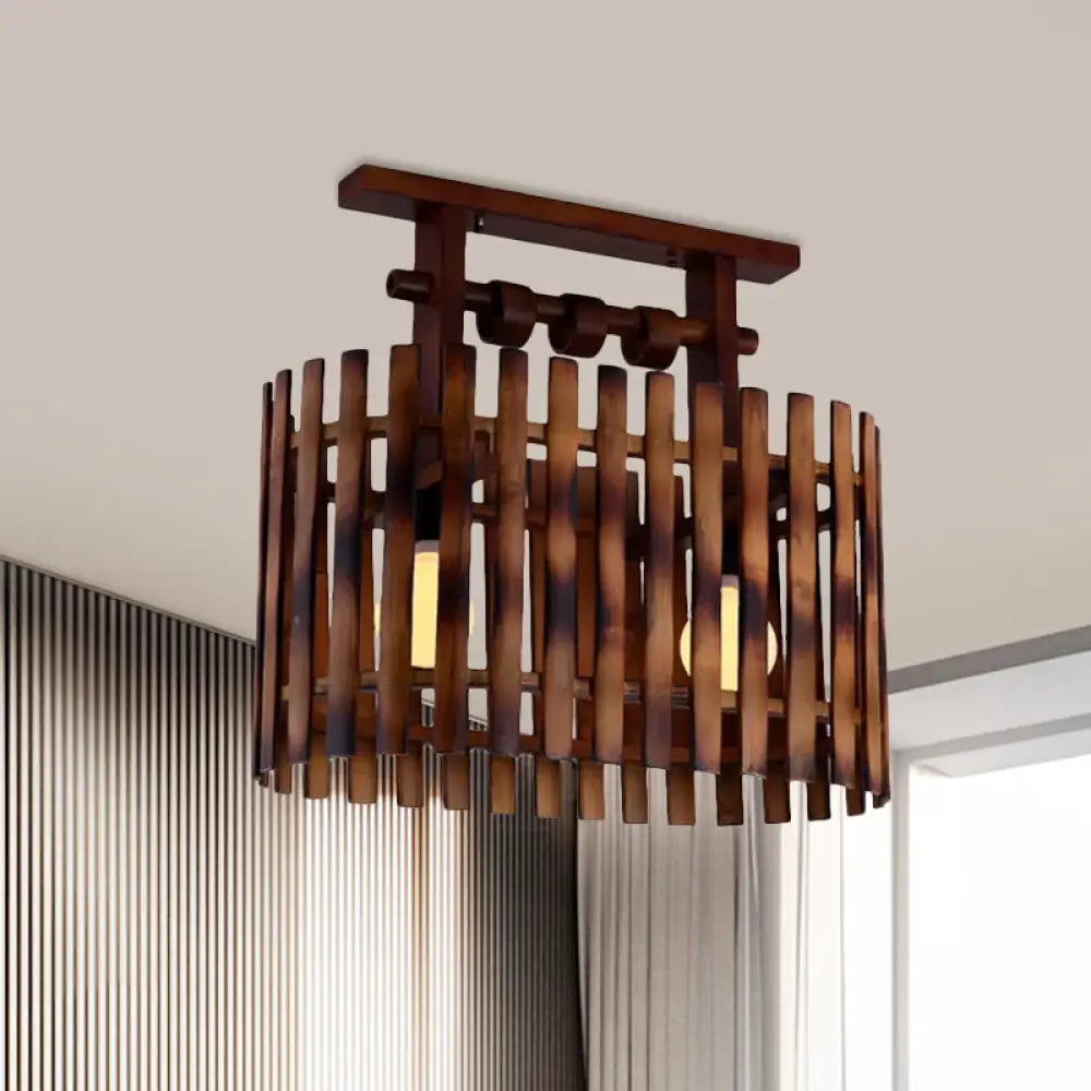 DecorBites™ DecorBites™ Bamboo Semi-Flush Mount Ceiling Lamp: Oval/Cylinder Cage, Country Style, Brown with Wood Canopy