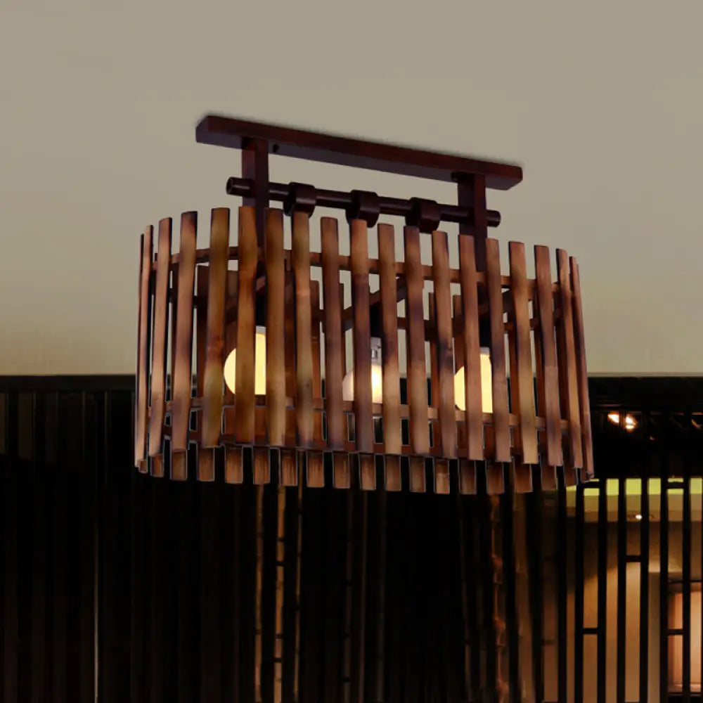DecorBites™ DecorBites™ Bamboo Semi-Flush Mount Ceiling Lamp: Oval/Cylinder Cage, Country Style, Brown with Wood Canopy