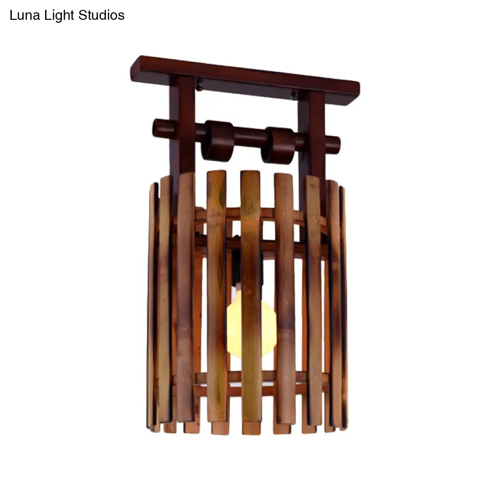 DecorBites™ DecorBites™ Bamboo Semi-Flush Mount Ceiling Lamp: Oval/Cylinder Cage, Country Style, Brown with Wood Canopy