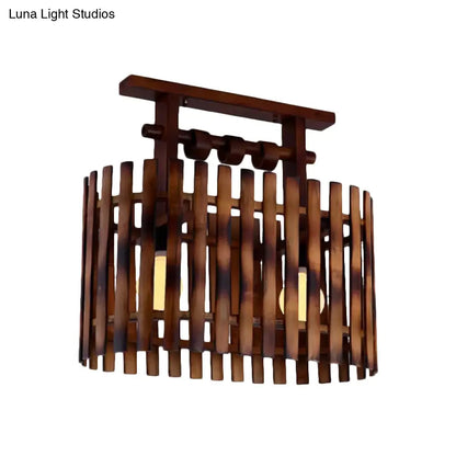 DecorBites™ DecorBites™ Bamboo Semi-Flush Mount Ceiling Lamp: Oval/Cylinder Cage, Country Style, Brown with Wood Canopy