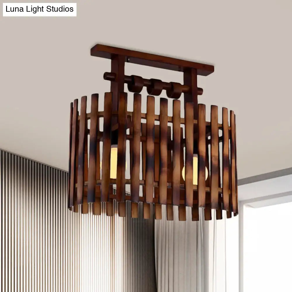 DecorBites™ DecorBites™ Bamboo Semi-Flush Mount Ceiling Lamp: Oval/Cylinder Cage, Country Style, Brown with Wood Canopy