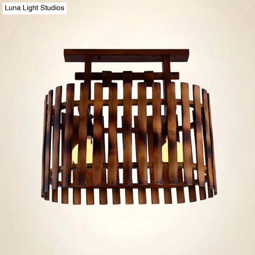 DecorBites™ DecorBites™ Bamboo Semi-Flush Mount Ceiling Lamp: Oval/Cylinder Cage, Country Style, Brown with Wood Canopy