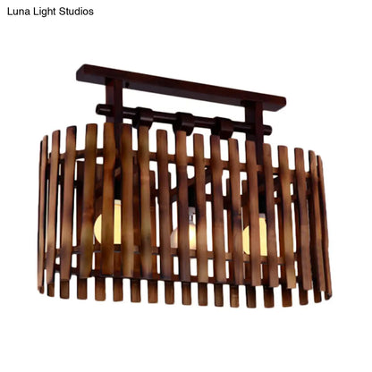 DecorBites™ DecorBites™ Bamboo Semi-Flush Mount Ceiling Lamp: Oval/Cylinder Cage, Country Style, Brown with Wood Canopy