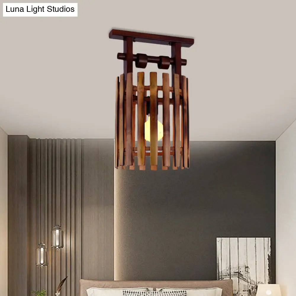 DecorBites™ DecorBites™ Bamboo Semi-Flush Mount Ceiling Lamp: Oval/Cylinder Cage, Country Style, Brown with Wood Canopy