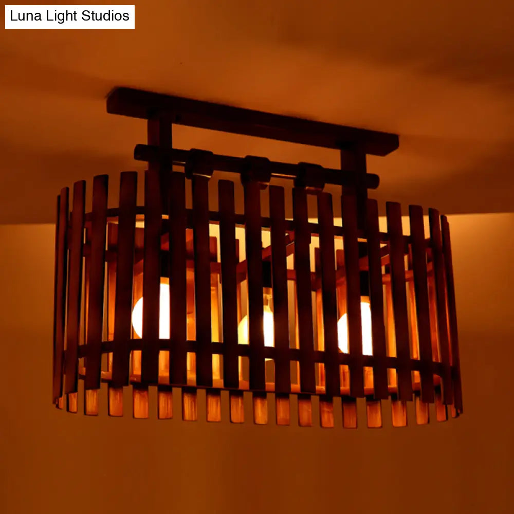 DecorBites™ DecorBites™ Bamboo Semi-Flush Mount Ceiling Lamp: Oval/Cylinder Cage, Country Style, Brown with Wood Canopy