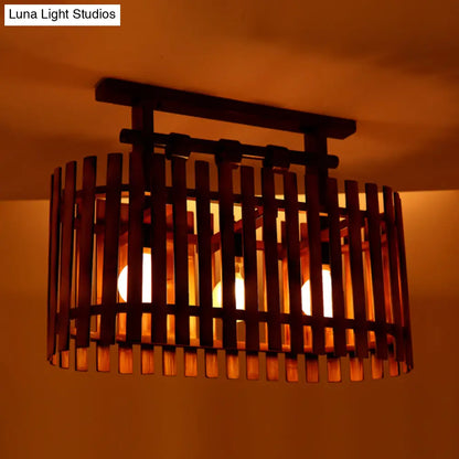 DecorBites™ DecorBites™ Bamboo Semi-Flush Mount Ceiling Lamp: Oval/Cylinder Cage, Country Style, Brown with Wood Canopy