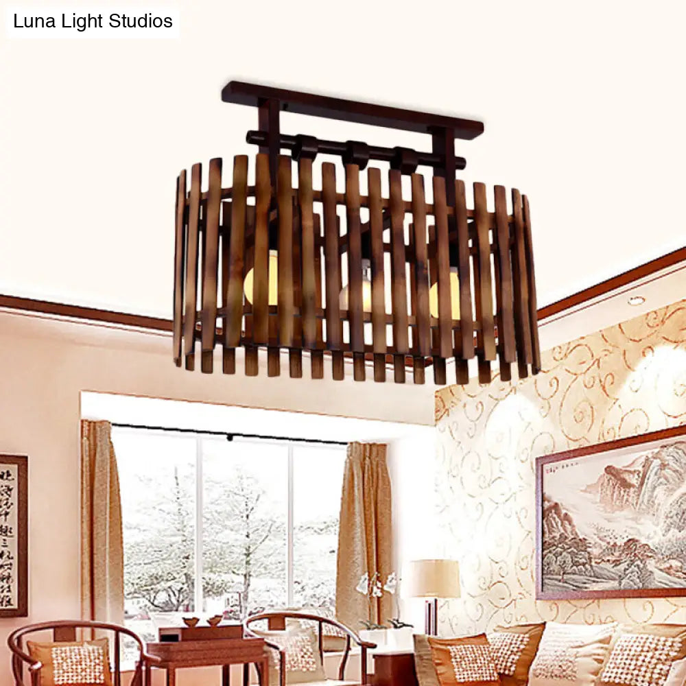 DecorBites™ DecorBites™ Bamboo Semi-Flush Mount Ceiling Lamp: Oval/Cylinder Cage, Country Style, Brown with Wood Canopy