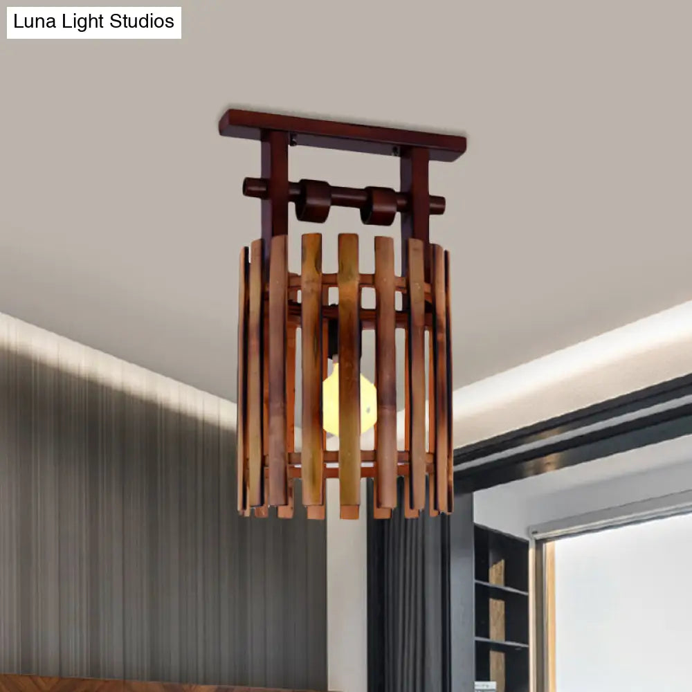 DecorBites™ DecorBites™ Bamboo Semi-Flush Mount Ceiling Lamp: Oval/Cylinder Cage, Country Style, Brown with Wood Canopy