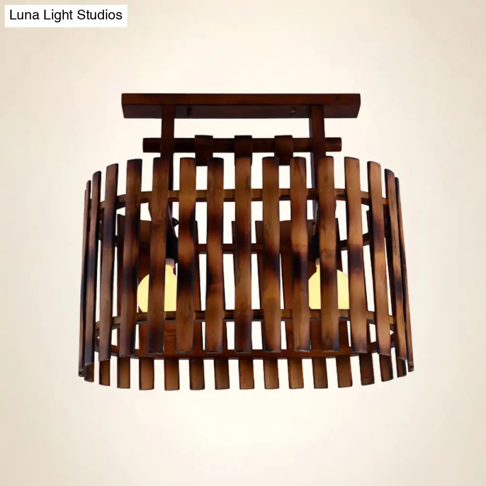 DecorBites™ DecorBites™ Bamboo Semi-Flush Mount Ceiling Lamp: Oval/Cylinder Cage, Country Style, Brown with Wood Canopy