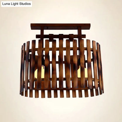 DecorBites™ DecorBites™ Bamboo Semi-Flush Mount Ceiling Lamp: Oval/Cylinder Cage, Country Style, Brown with Wood Canopy