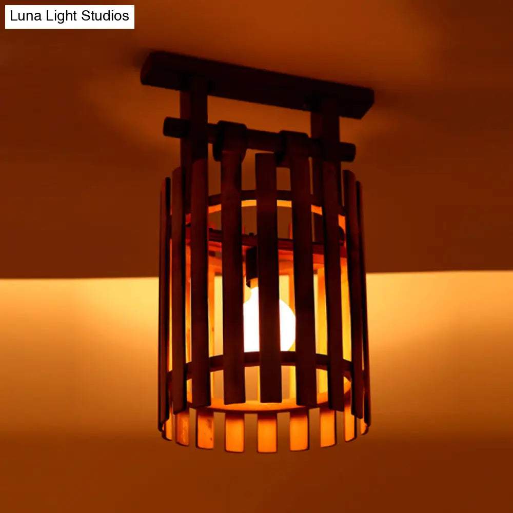 DecorBites™ DecorBites™ Bamboo Semi-Flush Mount Ceiling Lamp: Oval/Cylinder Cage, Country Style, Brown with Wood Canopy