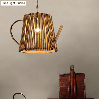 Bamboo Teapot Pendant Lighting - Wood Hanging Lamp with Adjustable Chain, 1 Bulb Kit