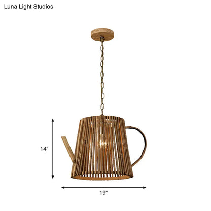 Bamboo Teapot Pendant Lighting - Wood Hanging Lamp with Adjustable Chain, 1 Bulb Kit