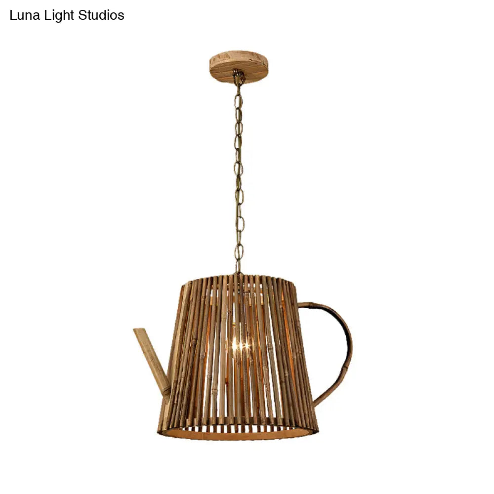 Bamboo Teapot Pendant Lighting - Wood Hanging Lamp with Adjustable Chain, 1 Bulb Kit