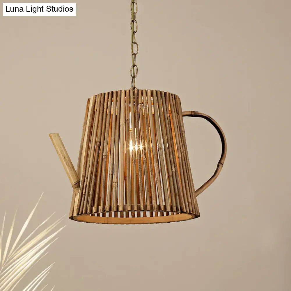 Bamboo Teapot Pendant Lighting - Wood Hanging Lamp with Adjustable Chain, 1 Bulb Kit