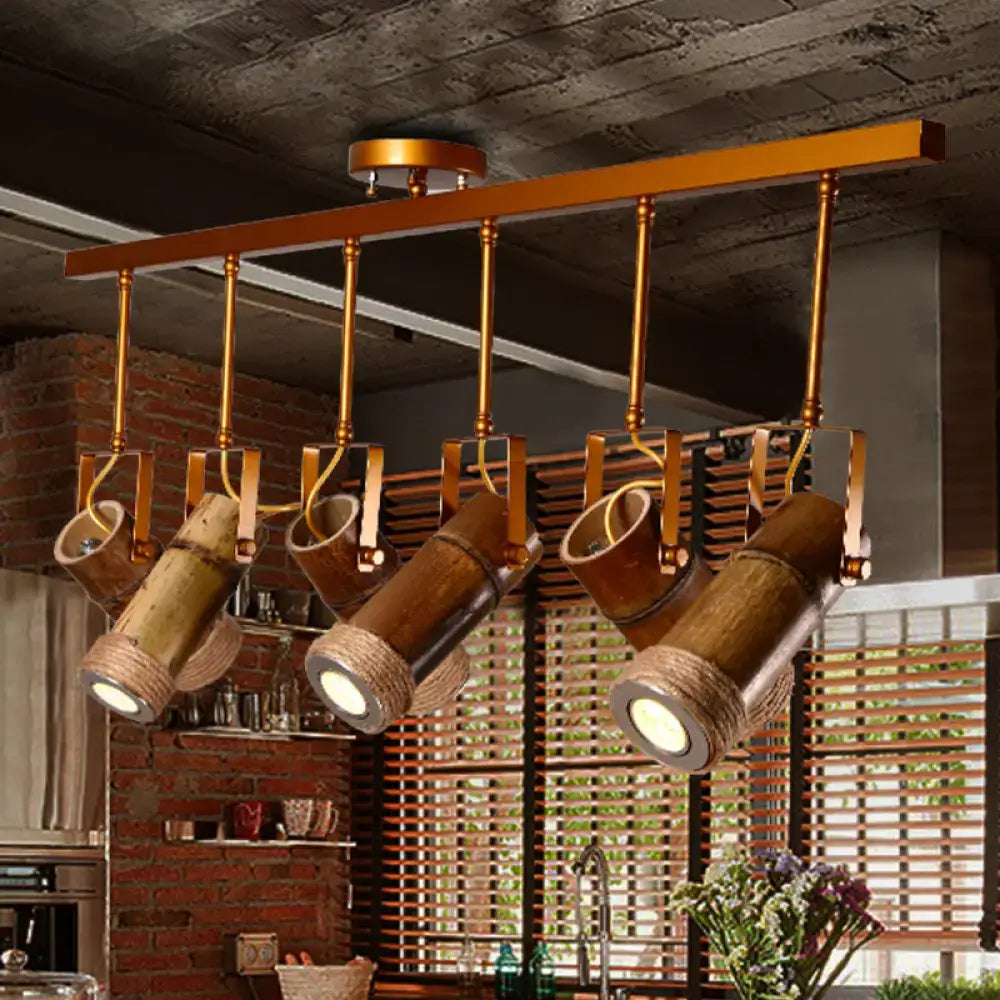 Decorbites™ industrial-style bamboo tube led light fixture with five warm bulbs, hemp rope, and brown iron suspension