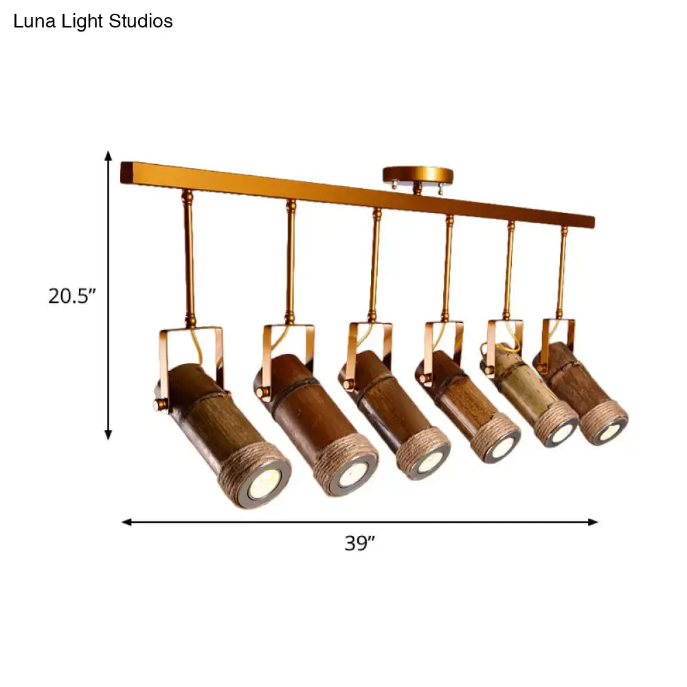 Decorbites™ bamboo tube island pendant light with five adjustable led light heads and hemp rope suspension in brown iron