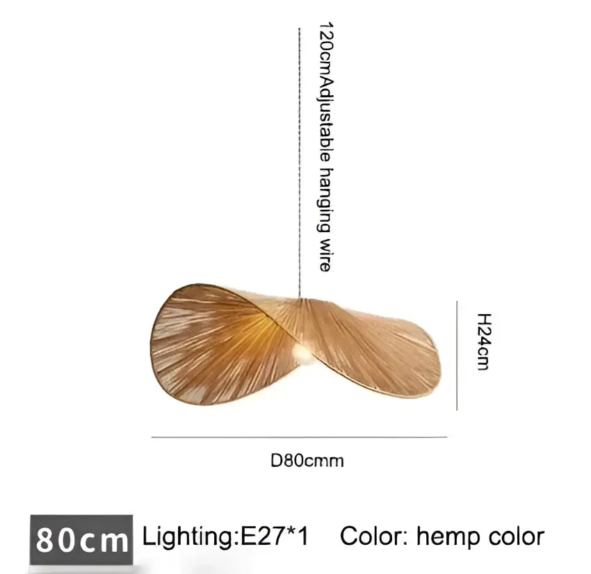 Hemp-colored 80cm wide bamboo wabi sabi pendant light with leaf-shaped design and adjustable hanging wire for dining room