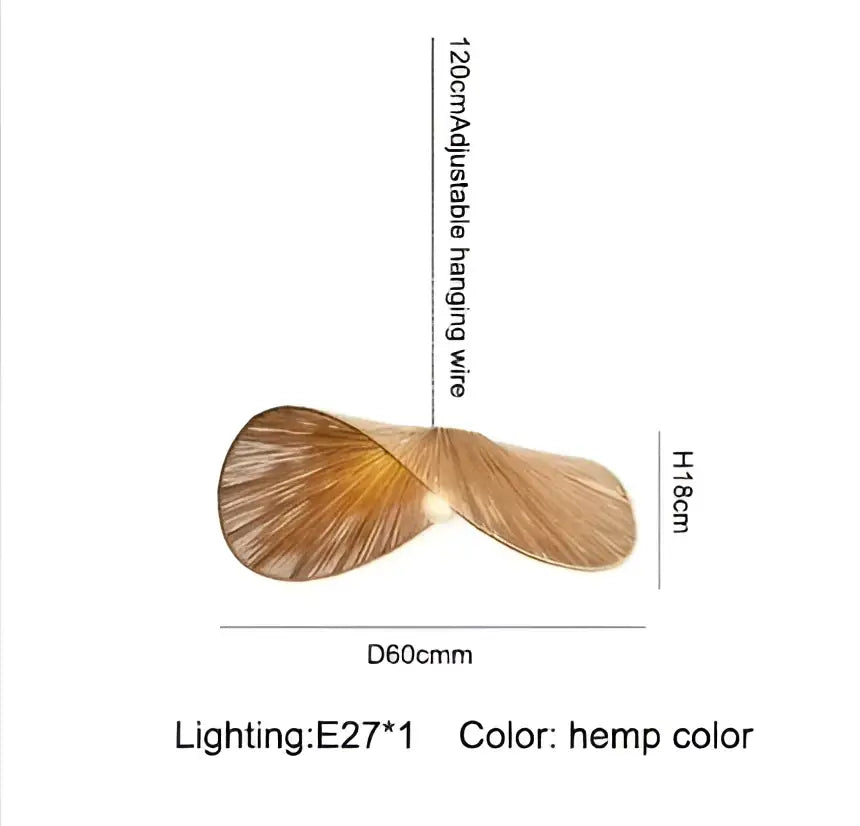 Hemp-colored 18cm bamboo wabi sabi pendant light with double-leaf design and adjustable wire for dining room use