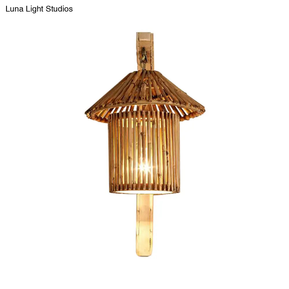 مصباح حائط من الخيزران من DecorBites™: مصباح حائط خشبي على شكل أسطوانة/منزل/إبريق شاي مع ذراع منحني