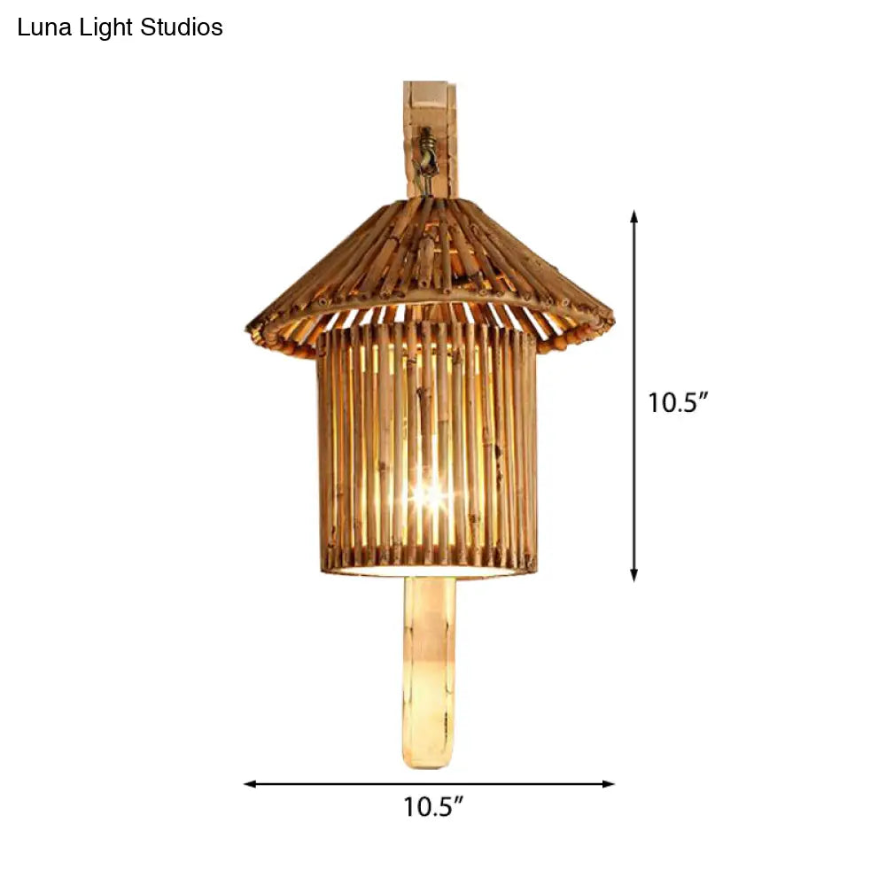 مصباح حائط من الخيزران من DecorBites™: مصباح حائط خشبي على شكل أسطوانة/منزل/إبريق شاي مع ذراع منحني