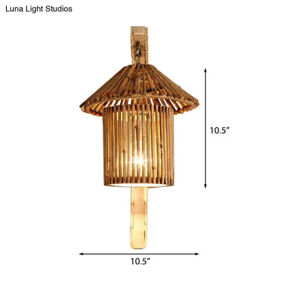 مصباح حائط من الخيزران من DecorBites™: مصباح حائط خشبي على شكل أسطوانة/منزل/إبريق شاي مع ذراع منحني