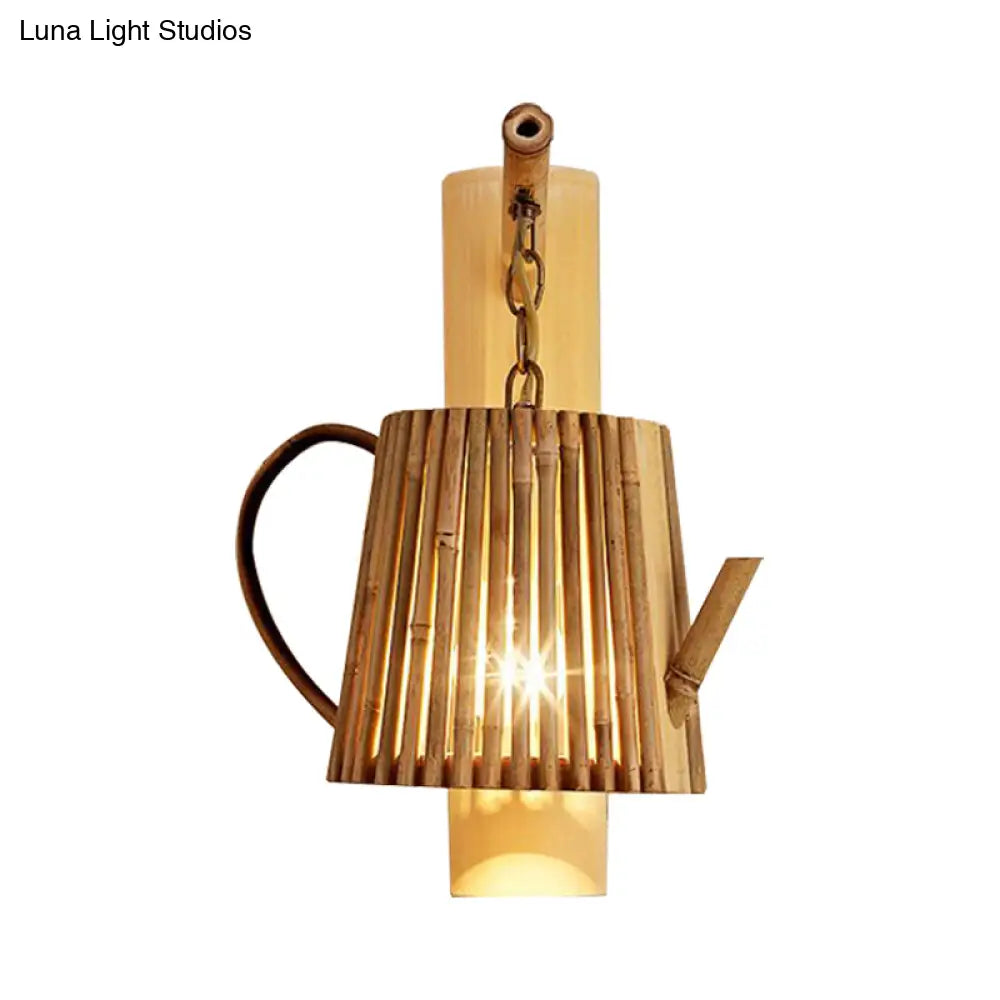 مصباح حائط من الخيزران من DecorBites™: مصباح حائط خشبي على شكل أسطوانة/منزل/إبريق شاي مع ذراع منحني