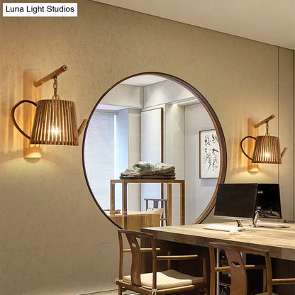 مصباح حائط من الخيزران من DecorBites™: مصباح حائط خشبي على شكل أسطوانة/منزل/إبريق شاي مع ذراع منحني