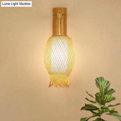 DecorBites™ Bamboo Wall Sconce with Asian Style and Beige Oblong Shade - Hand Woven, 1-Bulb Wall Lamp